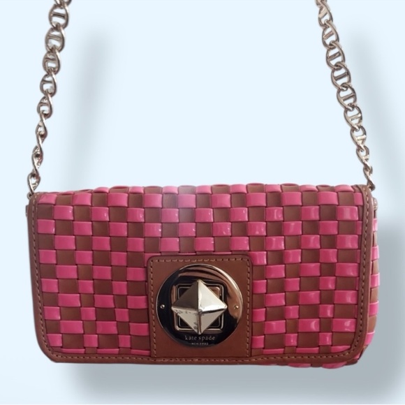 KATE SPADE VTG Pink Poly & Leather Woven Turn Lock Chain Clutch Shoulder Handbag - Picture 3 of 7